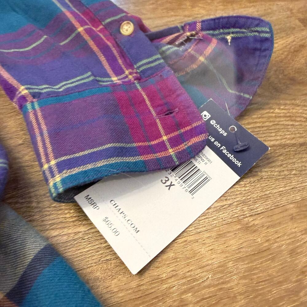 CHAPS DENIM Plaid Flannel Button Up Shirt Top Purple Blue Size 3XL New! NWT - Picture 2 of 7